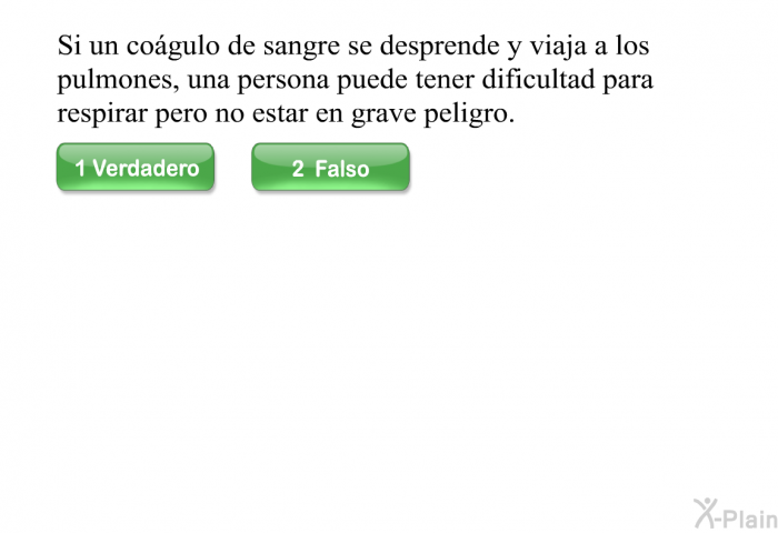 Si un cogulo de sangre se desprende y viaja a los pulmones, una persona puede tener dificultad para respirar pero no estar en grave peligro.