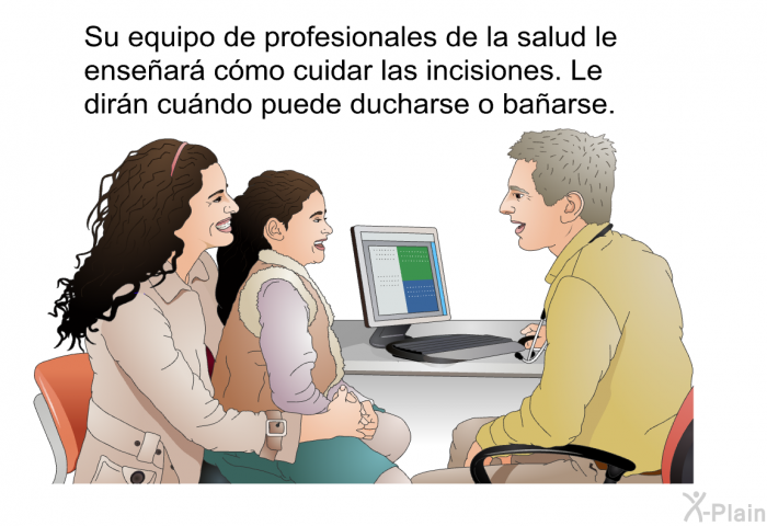 Su equipo de profesionales de la salud le ense�ar� c�mo cuidar las incisiones. Le dir�n cu�ndo puede ducharse o ba�arse.