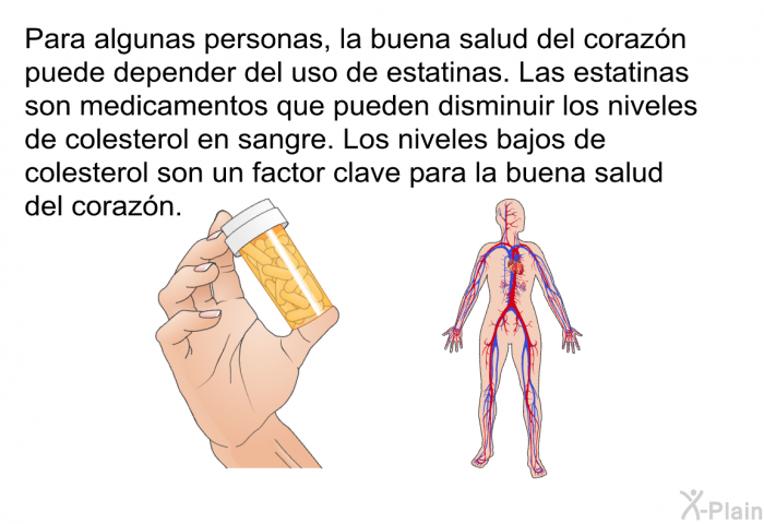 Para algunas personas, la buena salud del corazn puede depender del uso de estatinas. Las estatinas son medicamentos que pueden disminuir los niveles de colesterol en sangre. Los niveles bajos de colesterol son un factor clave para la buena salud del corazn.