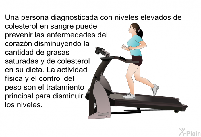 Una persona diagnosticada con niveles elevados de colesterol en sangre puede prevenir las enfermedades del corazn disminuyendo la cantidad de grasas saturadas y de colesterol en su dieta. La actividad fsica y el control del peso son el tratamiento principal para disminuir los niveles.