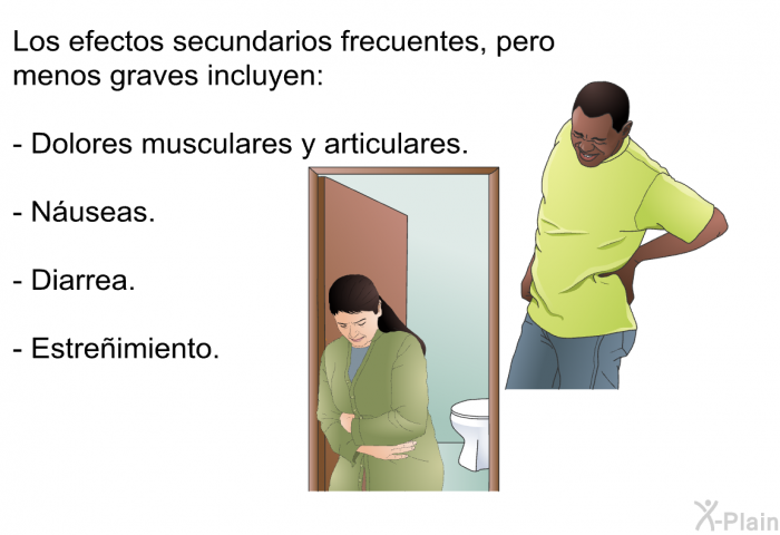 Los efectos secundarios frecuentes, pero menos graves incluyen:  Dolores musculares y articulares. Nuseas. Diarrea. Estreimiento.