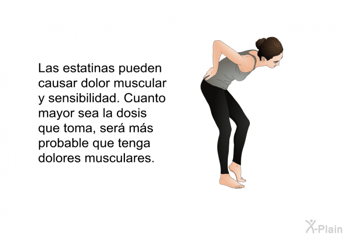 Las estatinas pueden causar dolor muscular y sensibilidad. Cuanto mayor sea la dosis que toma, ser ms probable que tenga dolores musculares.