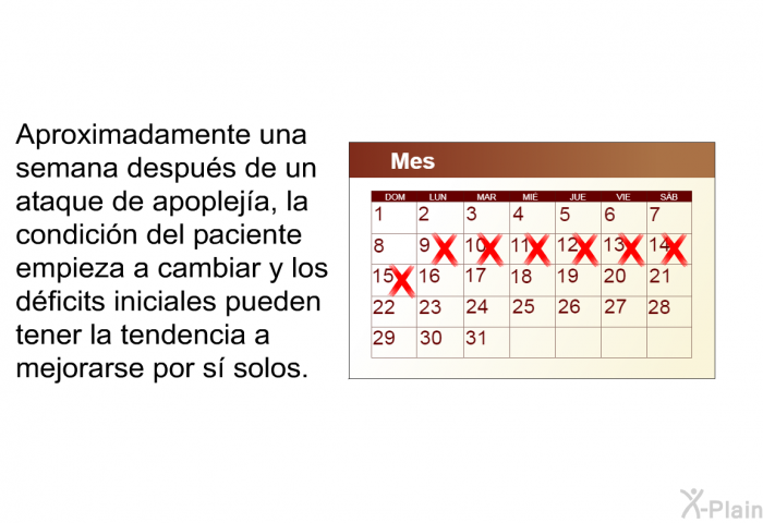 Aproximadamente una semana despus de un ataque de apopleja, la condicin del paciente empieza a cambiar y los dficits iniciales pueden tener la tendencia a mejorarse por s solos.