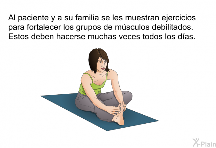 Al paciente y a su familia se les muestran ejercicios para fortalecer los grupos de msculos debilitados. Estos deben hacerse muchas veces todos los das.