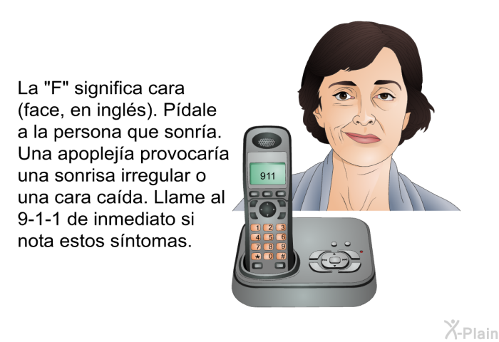 La “F” significa cara (<I>face</I>, en ingls). Pdale a la persona que sonra. Una apopleja provocara una sonrisa irregular o una cara cada. Llame al 9-1-1 de inmediato si nota estos sntomas.