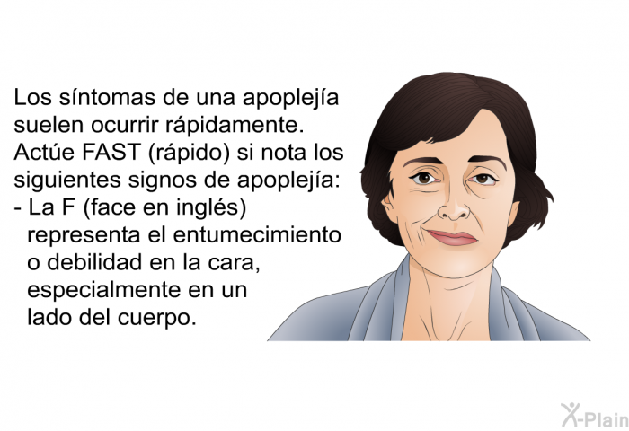 Los sntomas de una apopleja suelen ocurrir rpidamente. Acte FAST (rpido) si nota los siguientes signos de apopleja:  La F (face en ingls) representa el entumecimiento o debilidad en la cara, especialmente en un lado del cuerpo.