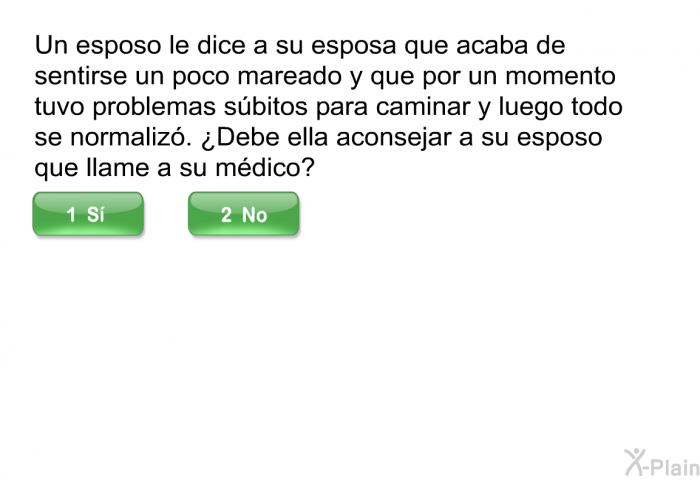 Un esposo le dice a su esposa que acaba de sentirse un poco mareado y que por un momento tuvo problemas sbitos para caminar y luego todo se normaliz. ¿Debe ella aconsejar a su esposo que llame a su mdico?
