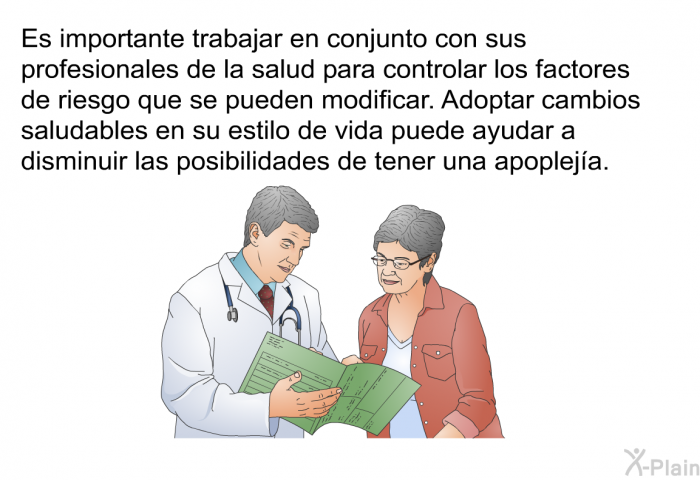 Es importante trabajar en conjunto con sus profesionales de la salud para controlar los factores de riesgo que se pueden modificar. Adoptar cambios saludables en su estilo de vida puede ayudar a disminuir las posibilidades de tener una apopleja.