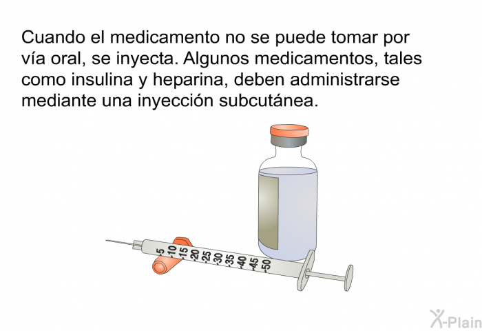 Cuando el medicamento no se puede tomar por va oral, se inyecta. Algunos medicamentos, tales como insulina y heparina, deben administrarse mediante una inyeccin subcutnea.