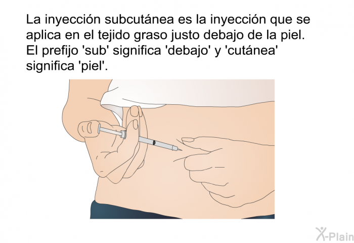La inyeccin subcutnea es la inyeccin que se aplica en el tejido graso justo debajo de la piel. El prefijo  sub' significa  debajo' y  cutnea' significa  piel'.