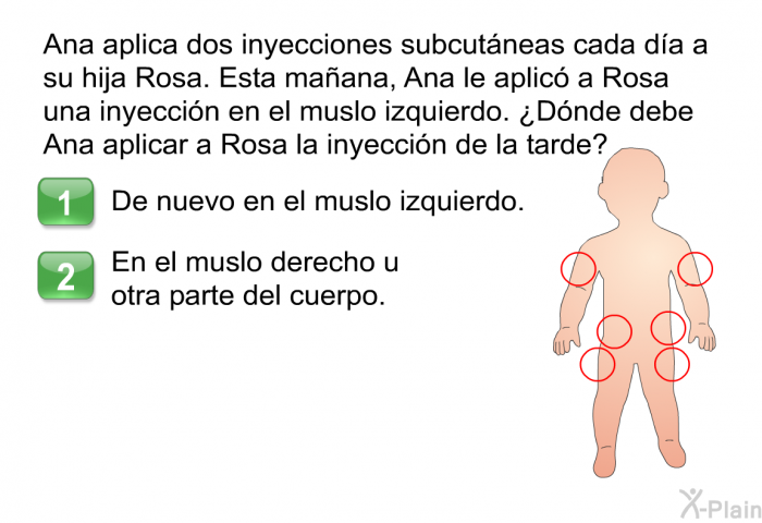 Ana aplica dos inyecciones subcutneas cada da a su hija Rosa. Esta maana, Ana le aplic a Rosa una inyeccin en el muslo izquierdo. ¿Dnde debe Ana aplicar a Rosa la inyeccin de la tarde?  De nuevo en el muslo izquierdo. En el muslo derecho u otra parte del cuerpo.