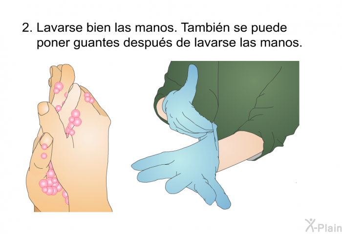 Lavarse bien las manos. Tambin se puede poner guantes despus de lavarse las manos.