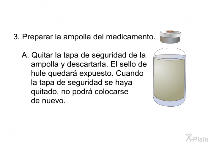 Preparar la ampolla del medicamento.  Quitar la tapa de seguridad de la ampolla y descartarla. El sello de hule quedar expuesto. Cuando la tapa de seguridad se haya quitado, no podr colocarse de nuevo.