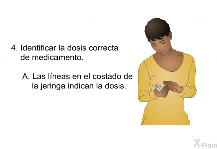 Identificar la dosis correcta de medicamento.  Las lneas en el costado de la jeringa indican la dosis.