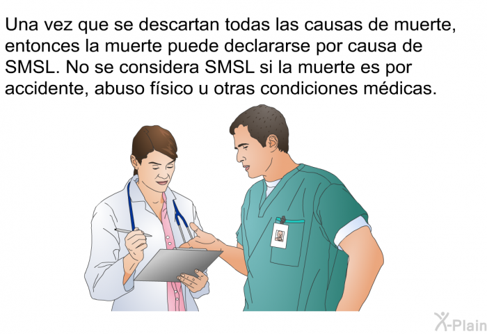 Una vez que se descartan todas las causas de muerte, entonces la muerte puede declararse por causa de SMSL. No se considera SMSL si la muerte es por accidente, abuso fsico u otras condiciones mdicas.