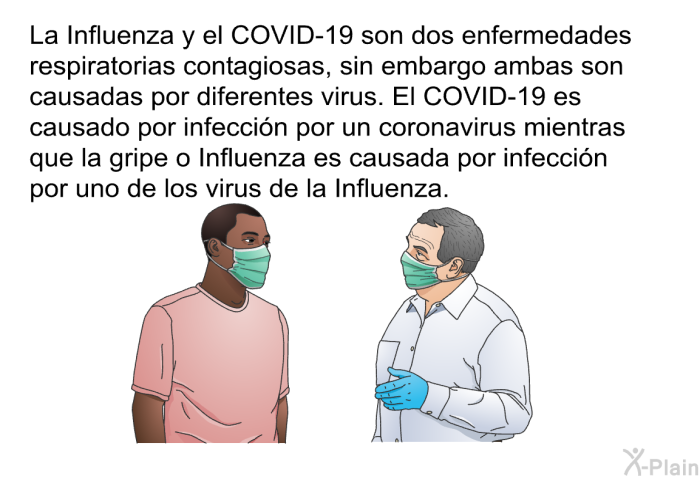 La Influenza y el COVID-19 son dos enfermedades respiratorias contagiosas, sin embargo ambas son causadas por diferentes virus. El COVID-19 es causado por infeccin por un coronavirus mientras que la gripe o Influenza es causada por infeccin por uno de los virus de la Influenza.
