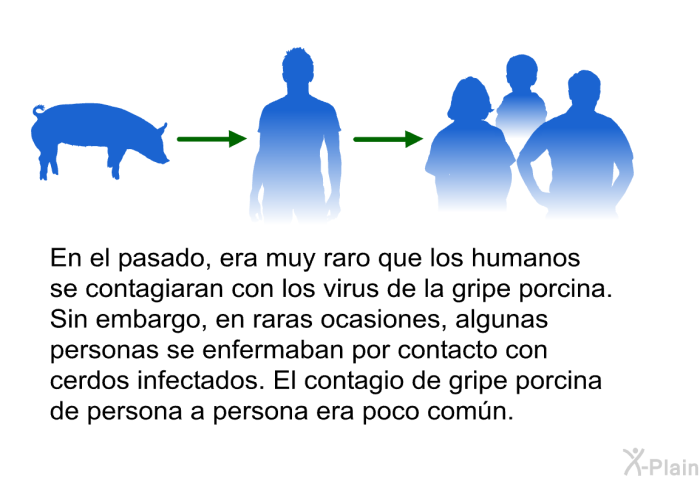 En el pasado, era muy raro que los humanos se contagiaran con los virus de la gripe porcina. Sin embargo, en raras ocasiones, algunas personas se enfermaban por contacto con cerdos infectados. El contagio de gripe porcina de persona a persona era poco comn.