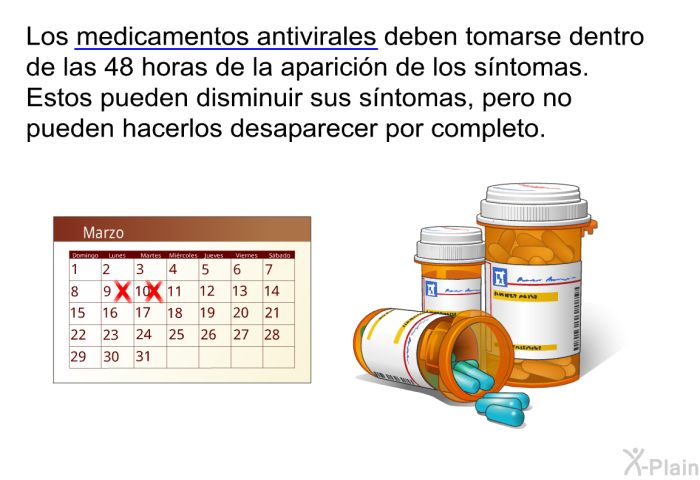Los medicamentos antivirales deben tomarse dentro de las 48 horas de la aparici�n de los s�ntomas. Estos pueden disminuir sus s�ntomas, pero no pueden hacerlos desaparecer por completo.