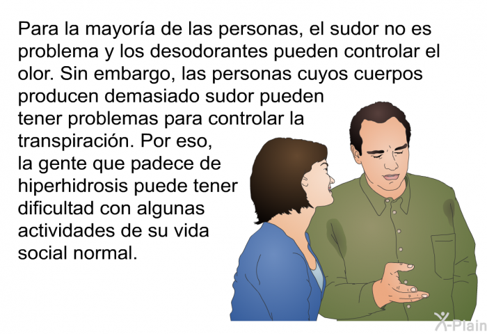 Para la mayora de las personas, el sudor no es problema y los desodorantes pueden controlar el olor. Sin embargo, las personas cuyos cuerpos producen demasiado sudor pueden tener problemas para controlar la transpiracin. Por eso, la gente que padece de hiperhidrosis puede tener dificultad con algunas actividades de su vida social normal.