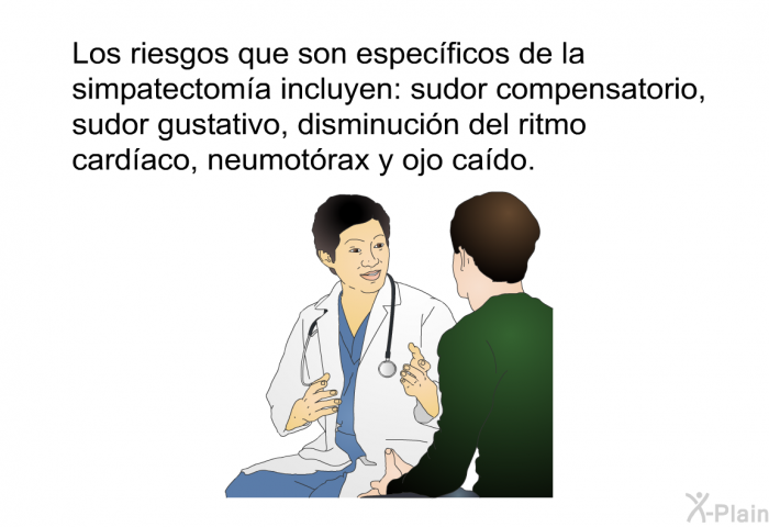 Los riesgos que son especficos de la simpatectoma incluyen: sudor compensatorio, sudor gustativo, disminucin del ritmo cardaco, neumotrax y ojo cado.