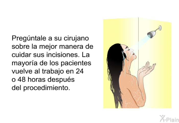 Pregntale a su cirujano sobre la mejor manera de cuidar sus incisiones. La mayora de los pacientes vuelve al trabajo en 24 o 48 horas despus del procedimiento.