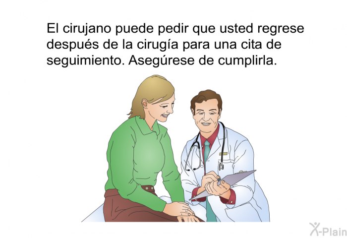 El cirujano puede pedir que usted regrese despus de la ciruga para una cita de seguimiento. Asegrese de cumplirla.