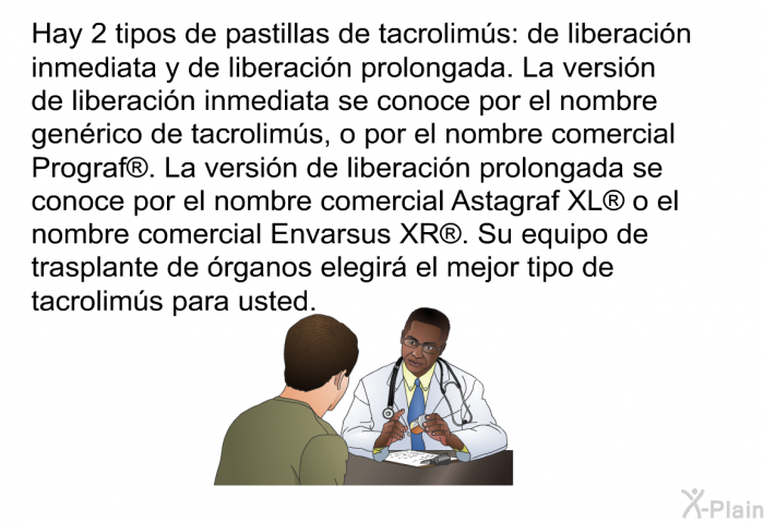 Hay 2 tipos de pastillas de tacrolims: de liberacin inmediata y de liberacin prolongada. La versin de liberacin inmediata se conoce por el nombre genrico de tacrolims, o por el nombre comercial Prograf<SUP> </SUP>. La versin de liberacin prolongada se conoce por el nombre comercial Astagraf XL<SUP>  </SUP>o el nombre comercial Envarsus XR<SUP> </SUP>. Su equipo de trasplante de rganos elegir el mejor tipo de tacrolims para usted.