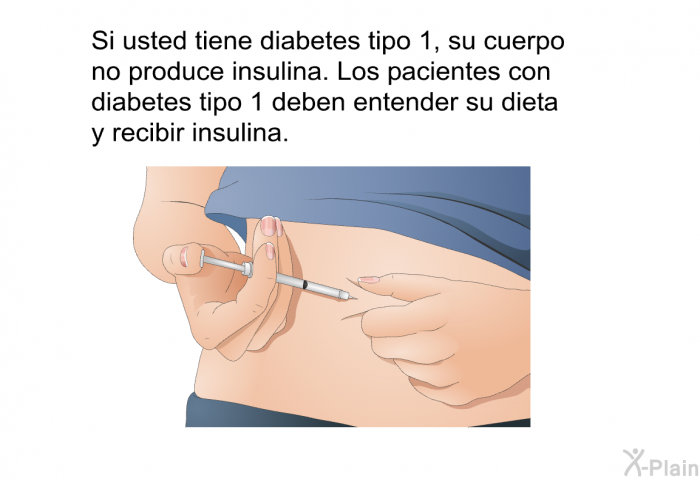 Si usted tiene diabetes tipo 1, su cuerpo no produce insulina. Los pacientes con diabetes tipo 1 deben entender su dieta y recibir insulina.