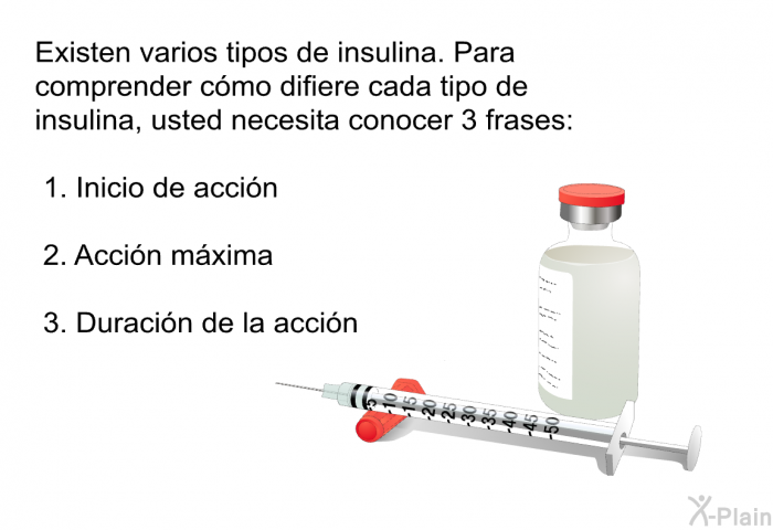 Existen varios tipos de insulina. Para comprender c�mo difiere cada tipo de insulina, usted necesita conocer 3 frases:  Inicio de acci�n Acci�n m�xima Duraci�n de la acci�n
