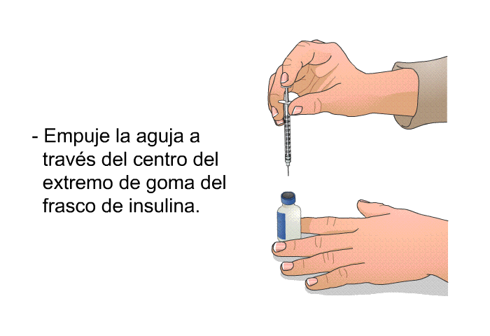 Empuje la aguja a travs del centro del extremo de goma del frasco de insulina.