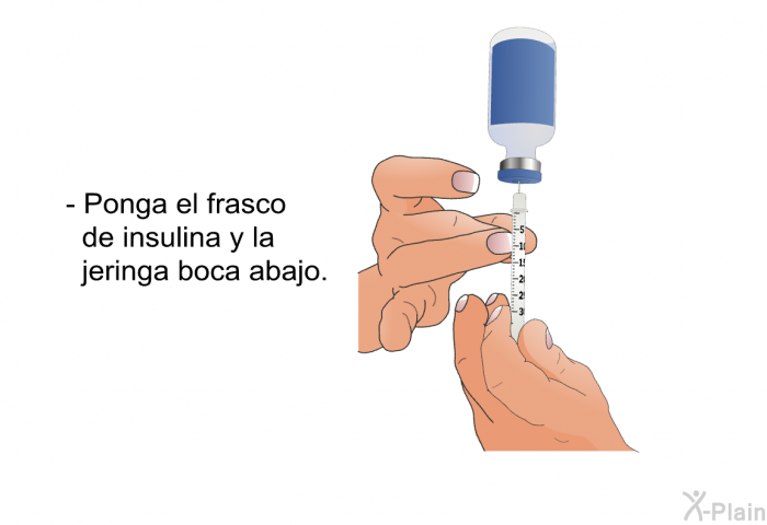 Ponga el frasco de insulina y la jeringa boca abajo.