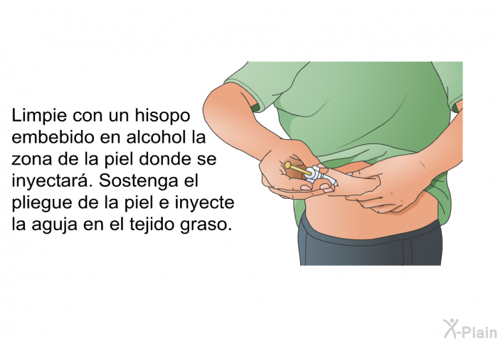 Limpie con un hisopo embebido en alcohol la zona de la piel donde se inyectar. Sostenga el pliegue de la piel e inyecte la aguja en el tejido graso.