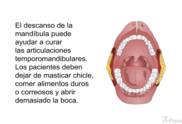 El descanso de la mand�bula puede ayudar a curar las articulaciones temporomandibulares. Los pacientes deben dejar de masticar chicle, comer alimentos duros o correosos y abrir demasiado la boca.