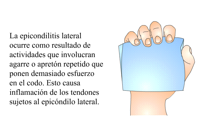 La epicondilitis lateral ocurre como resultado de actividades que involucran agarre o apretn repetido que ponen demasiado esfuerzo en el codo. Esto causa inflamacin de los tendones sujetos al epicndilo lateral.