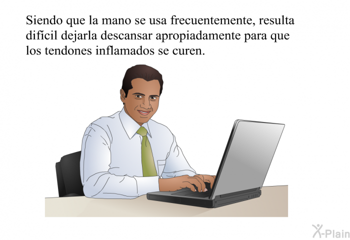 Siendo que la mano se usa frecuentemente, resulta difcil dejarla descansar apropiadamente para que los tendones inflamados se curen.
