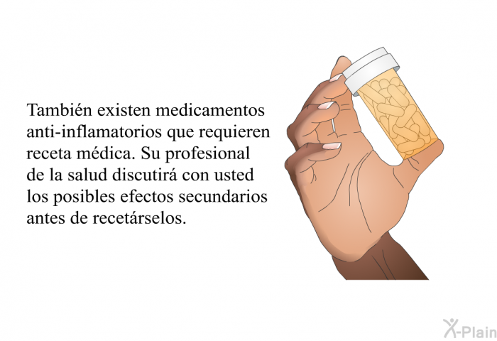 Tambin existen medicamentos anti-inflamatorios que requieren receta mdica. Su profesional de la salud discutir con usted los posibles efectos secundarios antes de recetrselos.