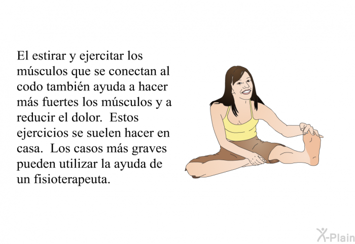 El estirar y ejercitar los m�sculos que se conectan al codo tambi�n ayuda a hacer m�s fuertes los m�sculos y a reducir el dolor. Estos ejercicios se suelen hacer en casa. Los casos m�s graves pueden utilizar la ayuda de un fisioterapeuta.