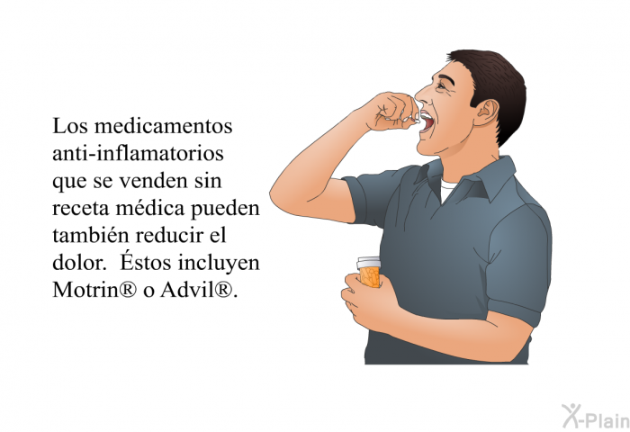 Los medicamentos anti-inflamatorios que se venden sin receta mdica pueden tambin reducir el dolor. Éstos incluyen Motrin  o Advil .
