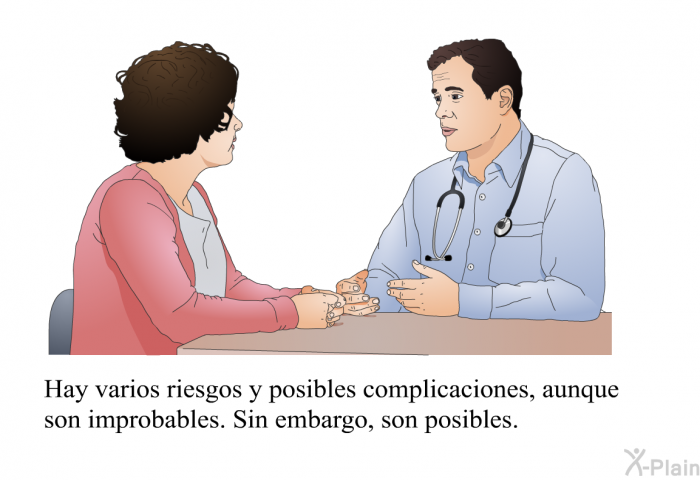 Hay varios riesgos y posibles complicaciones, aunque son improbables. Sin embargo, son posibles.