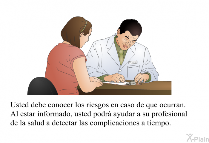 Usted debe conocer los riesgos en caso de que ocurran. Al estar informado, usted podr ayudar a su profesional de la salud a detectar las complicaciones a tiempo.