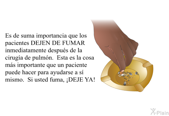 Es de suma importancia que los pacientes DEJEN DE FUMAR inmediatamente despu�s de la cirug�a de pulm�n. Esta es la cosa m�s importante que un paciente puede hacer para ayudarse a s� mismo. Si usted fuma, &iexcl;DEJE YA!