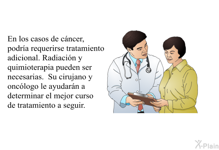 En los casos de c�ncer, podr�a requerirse tratamiento adicional. Radiaci�n y quimioterapia pueden ser necesarias. Su cirujano y onc�logo le ayudar�n a determinar el mejor curso de tratamiento a seguir.