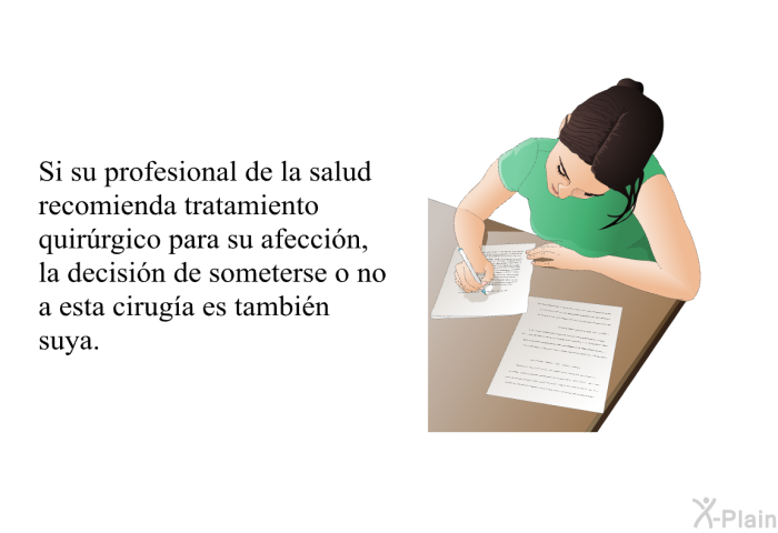 Si su profesional de la salud recomienda tratamiento quirrgico para su afeccin, la decisin de someterse o no a esta ciruga es tambin suya.