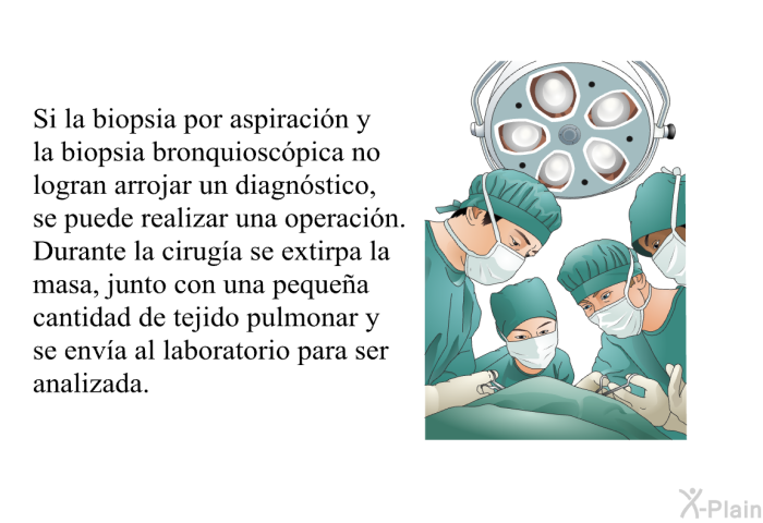 Si la biopsia por aspiraci�n y la biopsia bronquiosc�pica no logran arrojar un diagn�stico, se puede realizar una operaci�n. Durante la cirug�a se extirpa la masa, junto con una peque�a cantidad de tejido pulmonar y se env�a al laboratorio para ser analizada.