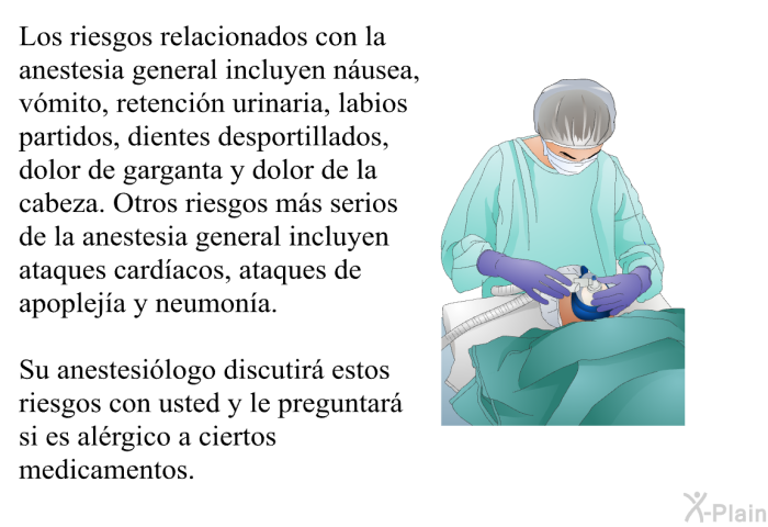 Los riesgos relacionados con la anestesia general incluyen nusea, vmito, retencin urinaria, labios partidos, dientes desportillados, dolor de garganta y dolor de la cabeza. Otros riesgos ms serios de la anestesia general incluyen ataques cardacos, ataques de apopleja y neumona. Su anestesilogo discutir estos riesgos con usted y le preguntar si es alrgico a ciertos medicamentos.