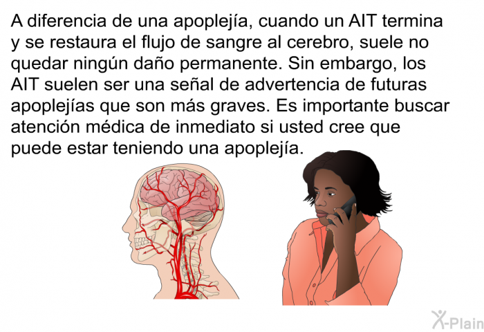 A diferencia de una apopleja, cuando un AIT termina y se restaura el flujo de sangre al cerebro, suele no quedar ningn dao permanente. Sin embargo, los AIT suelen ser una seal de advertencia de futuras apoplejas que son ms graves. Es importante buscar atencin mdica de inmediato si usted cree que puede estar teniendo una apopleja.