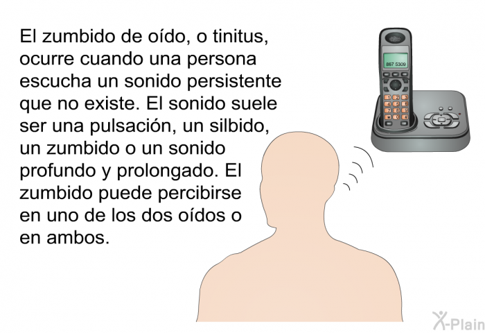 El zumbido de odo, o tinitus, ocurre cuando una persona escucha un sonido persistente que no existe. El sonido suele ser una pulsacin, un silbido, un zumbido o un sonido profundo y prolongado. El zumbido puede percibirse en uno de los dos odos o en ambos.