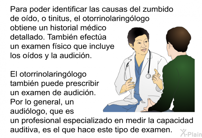 Para poder identificar las causas del zumbido de odo, o tinitus, el otorrinolaringlogo obtiene un historial mdico detallado. Tambin efecta un examen fsico que incluye los odos y la audicin. El otorrinolaringlogo tambin puede prescribir un examen de audicin. Por lo general, un audilogo, que es un profesional especializado en medir la capacidad auditiva, es el que hace este tipo de examen.