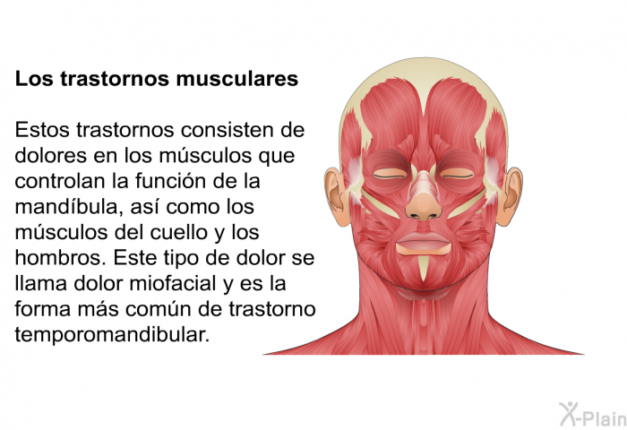 <B>Los trastornos musculares</B> Estos trastornos consisten de dolores en los msculos que controlan la funcin de la mandbula, as como los msculos del cuello y los hombros. Este tipo de dolor se llama <I>dolor miofacial</I> y es la forma ms comn de trastorno temporomandibular.