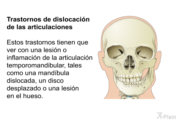 <B>Trastornos de dislocacin de las articulaciones</B> Estos trastornos tienen que ver con una lesin o inflamacin de la articulacin temporomandibular, tales como una mandbula dislocada, un disco desplazado o una lesin en el hueso.